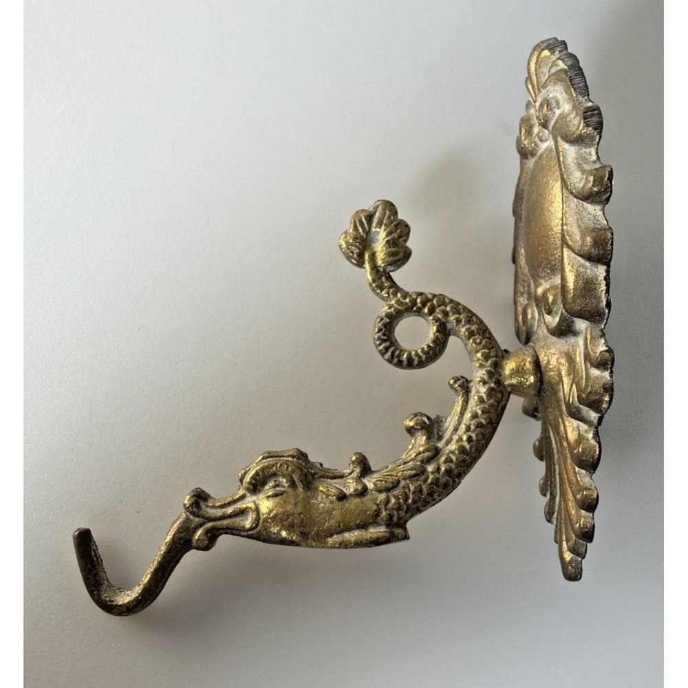 Antique Brass Wall Hook Ornate Serpent Snake Dragon Architectural 5"